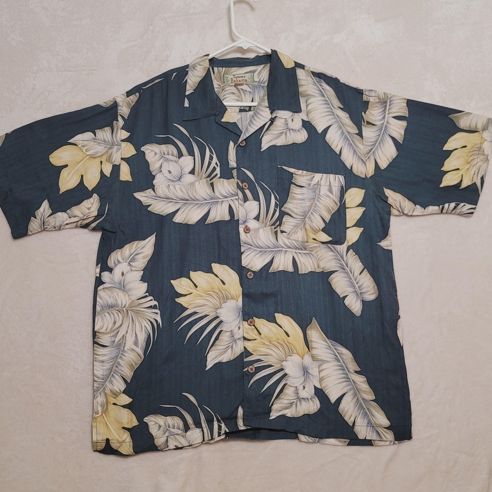 Tommy Bahama Shirt‎ Mens Large Blue Silk Floral Hawaiian Button Up Camp Pocket